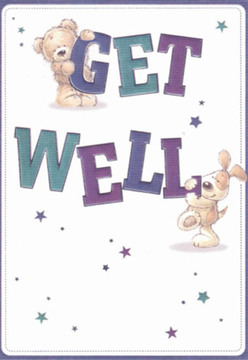 In the welcoming spirit of Enfield Town, this get well card brings a slice of cheer and reassurance to anyone in need. The central illustration features an adorable teddy gripping onto the vibrant 'GET,' while a joyful puppy cozies up to the bold 'WELL,' their expressions radiating hope and affection. The deep purples and aquatic teals of the text stand out against the fresh, pristine background, reminiscent of bouquets waiting to be gifted along Silver Street. Tiny starbursts scatter across the image, infusing it with a magical sense of possibility, much like new beginnings found during strolls in Town Park. The warmth and softness in the bear's fur and the puppy's floppy ears echo the tactile pleasure of receiving a thoughtfully curated bouquet from Enfield Town Flowers. Every element feels placed with intention-an offering of clarity, comfort, and heartfelt care, ideal for brightening a friend's recovery and reminding them of the kindness woven through every local delivery.