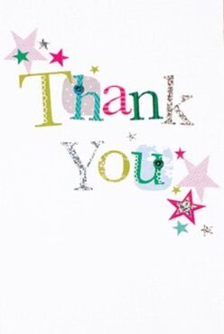 This thank you card brings delight to the surface with a cascade of bright colour and whimsical design, much like the vibrant displays that line Enfield Town's flower stalls by the market. The phrase 'Thank You' sweeps across the card in letters each bearing their own joyful palette-lime, fuchsia, sky blue-some adorned with artful polka dots or delicate stitches. Stars in shimmering magenta, teal, and gold assemble at the corners, evoking the festive spirit that echoes through Enfield on event days at Forty Hall or Town Park. There's a distinct texture to the card, a light-catching glimmer in the silver embellishments that promises the tactile satisfaction of a handmade greeting. Set against its pristine white canvas, every colour and twinkle sings out, echoing the lively, welcoming air of Enfield Town's community gatherings. This design would nestle perfectly beside a vivid bouquet, available for swift local delivery, offering sincere appreciation with the polish and creativity distinctive to Enfield Town florists. The overall composition feels like a crafted moment of connection-bright, heartfelt, and made to share.